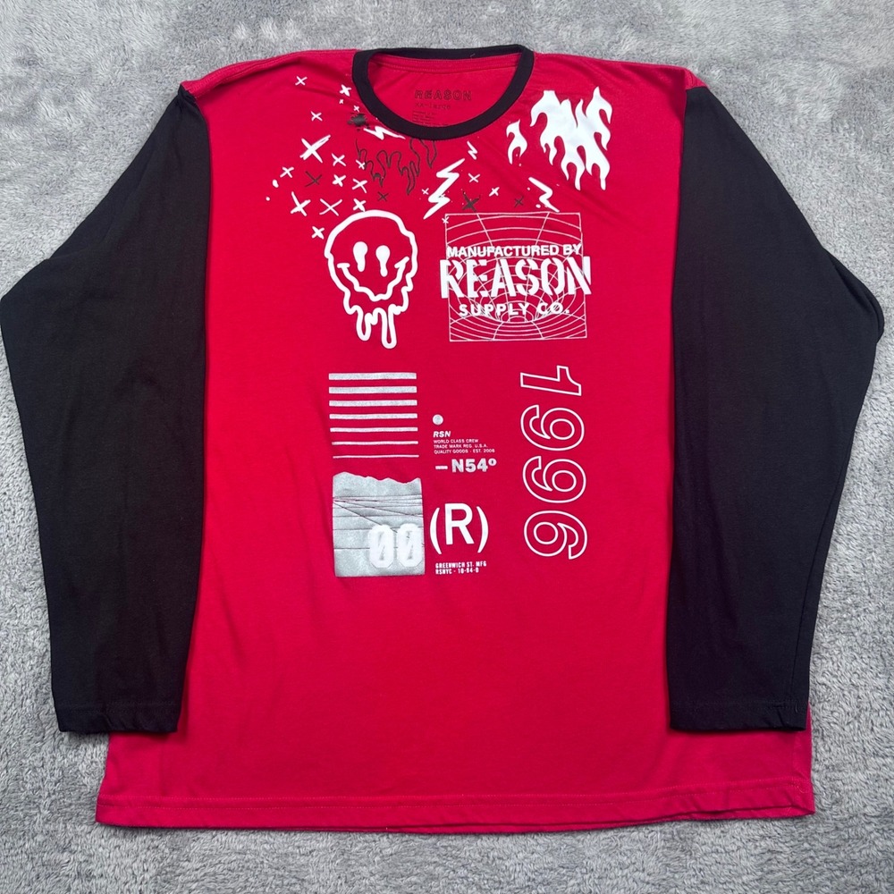 Reason Graphic Tee Mens XXL Red Black Long Sleeve Melting Smiley Streetwear 1996